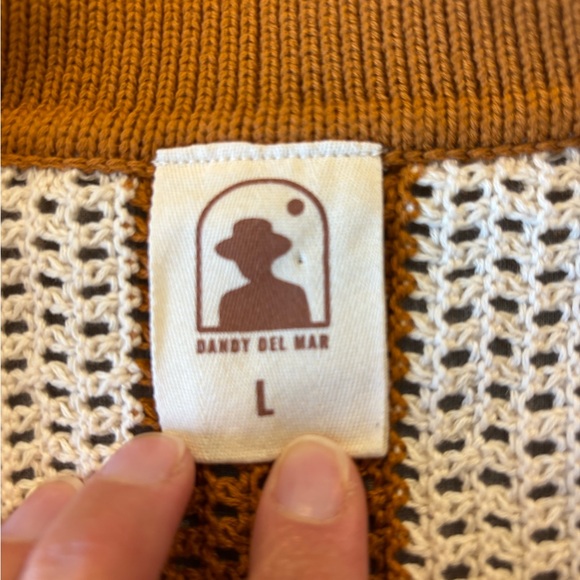 Dandy Del Mar Crochet Knit Polo Shirt Ochre Cream Stripe Cotton Resort Large - Picture 4 of 8